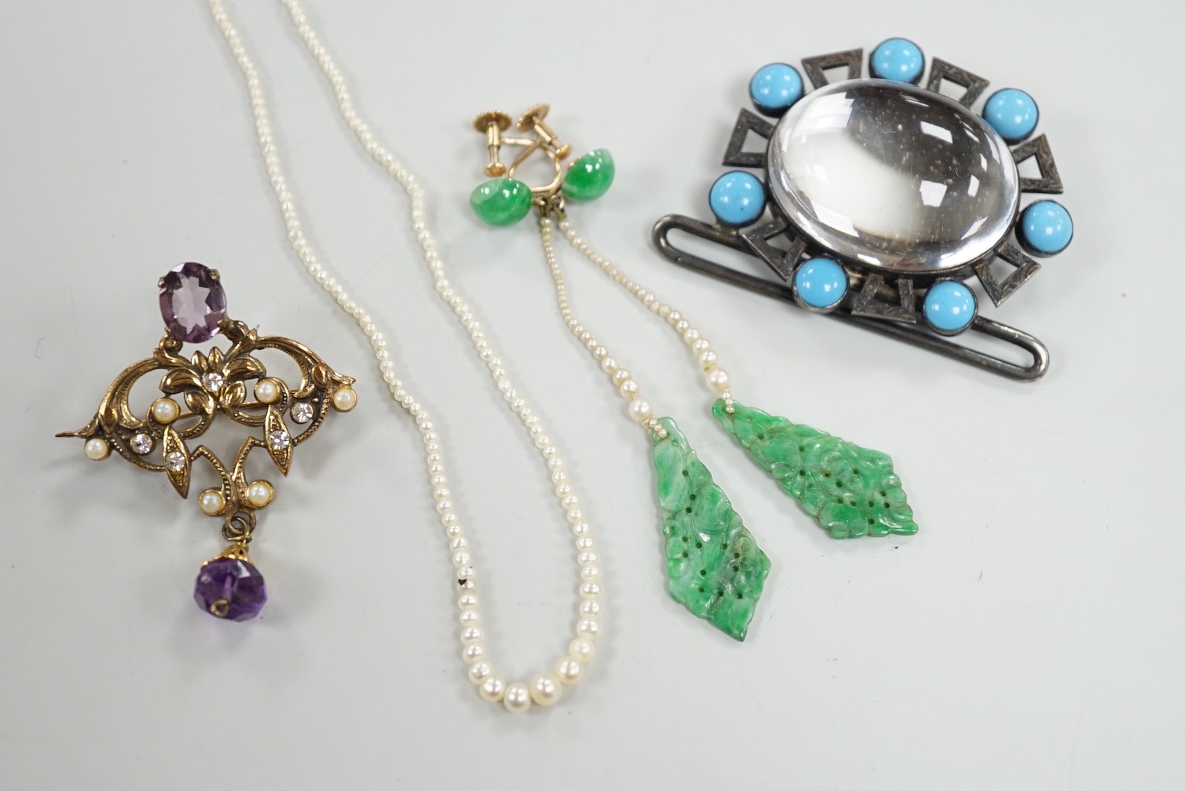 A pair of yellow metal, jade and seed pearl set drop earrings, 7cm, a seed pearl necklace with 9ct clasp, a belt section and a paste set brooch.